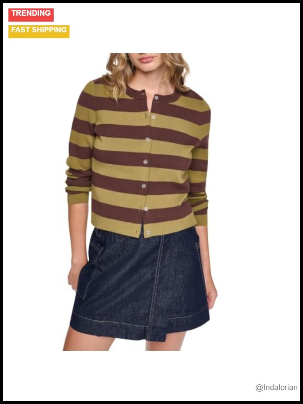 Cropped Striped Long Sleeve Crew Neck Cardigan Sweater